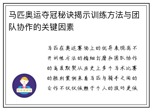 马匹奥运夺冠秘诀揭示训练方法与团队协作的关键因素 马匹奥运夺冠秘诀揭示训练方法与团队协作的关键因素