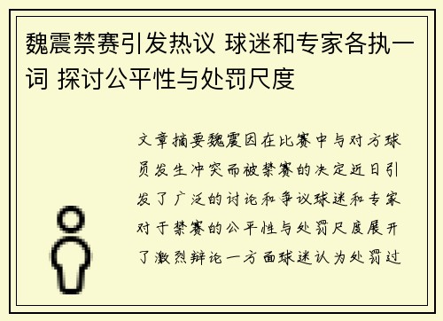 魏震禁赛引发热议 球迷和专家各执一词 探讨公平性与处罚尺度